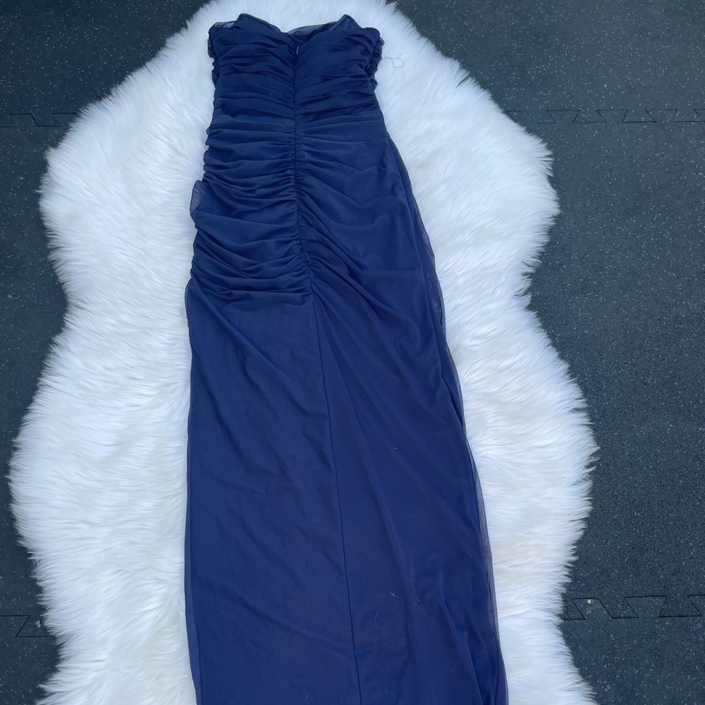 Strapless Navy Ruched Evening Dress - Picture 7 of 9